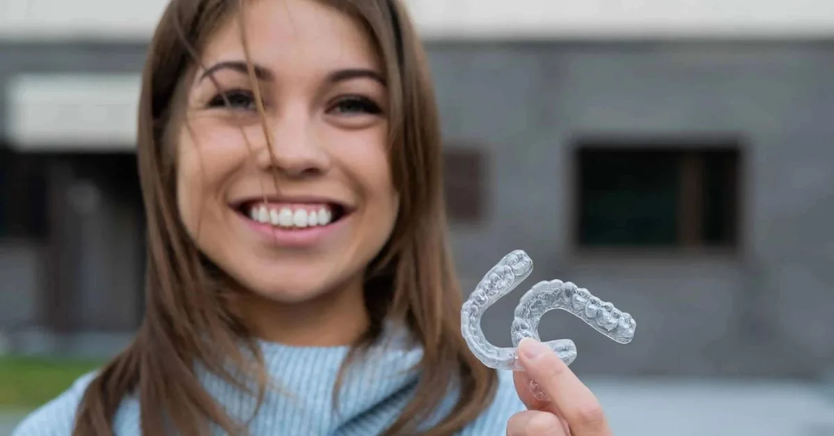 adult holds invisalign trays after seeing orthodontist in athens, grayson, watkinsville, GA